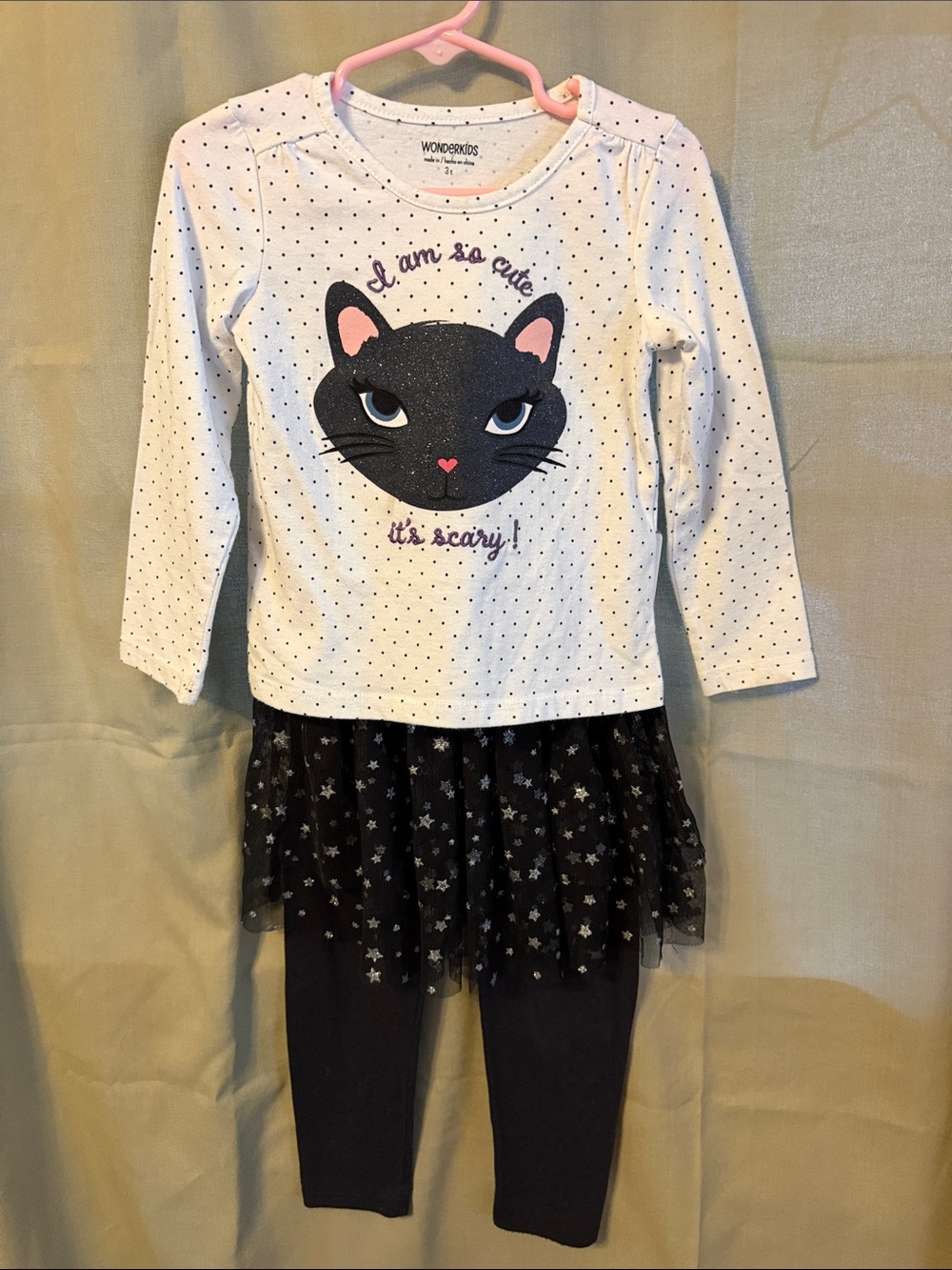 WonderKids White Polka Dot Cat Top with Black Star Tulle Skirt Leggings